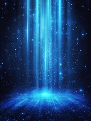 Poster - Ethereal blue light descends from above illuminating a textured surface in a cosmic space background creating a magical and dreamy atmosphere