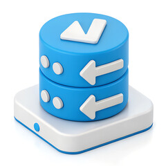 Fototapete - 3D Stylized icon of a server with arrows depicting data flow, sitting on a white base with a small button. Minimal 3D icon render.