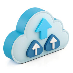 Fototapete - Blue and white cloud icon with upward pointing arrows symbolizes data transfer or uploading to the cloud. Minimal 3D icon render.