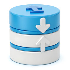 Fototapete - Symbolic representation of data upload and download concept, using arrows on stacked disks. Data storage. Minimal 3D icon render.