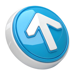 Poster - Upward Direction Button: a round button with a white arrow pointing upwards, set on a light blue surface. Minimal 3D icon render.