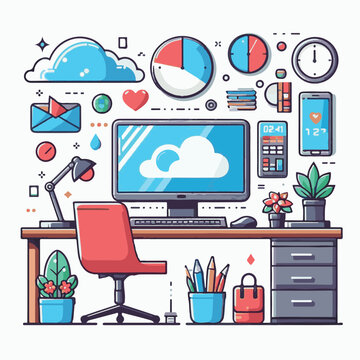 computer, technology, digital, business, communication, laptop, tech, device, design, pc, work, internet, office, web, desktop, monitor, employee, information, modern, data, electronic, vector, backgr