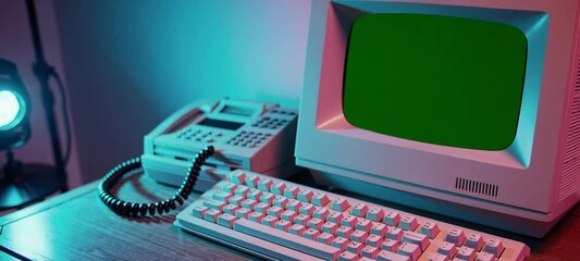 Poster - Vintage computer setup with green screen and telephone on desk