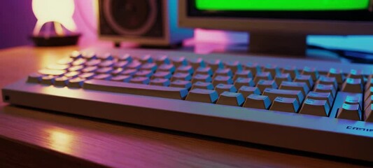 Poster - Retro computer setup with green screen monitor and speakers on wooden desk