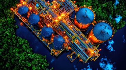 Poster - breathtaking aerial view of a sprawling oil refinery plant at night with glowing pipelines storage t