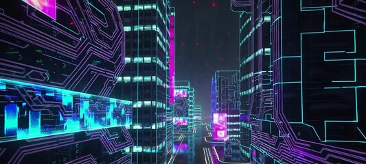 Poster - Futuristic cyber cityscape with neon lights and digital glitch effects in motion