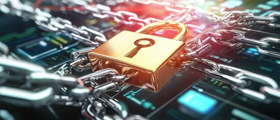 Poster - Secure Digital Padlock and Cybersecurity Concept with Glowing Elements  Encryption Data Protection Online Security Network Defense Firewall Antivirus Password and Login Access Control