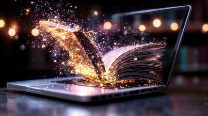 Poster - An open laptop emitting a mesmerizing glow and shimmering sparkles against a dark background representing the transformative power of literature technology and the human imagination