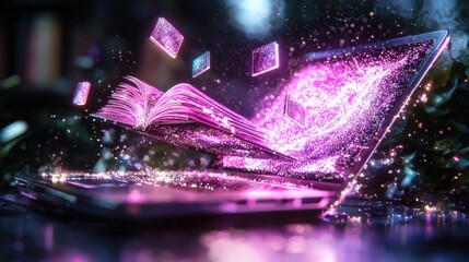 Poster - Levitating open book glowing with vibrant magical sparks and energy in a dark mysterious and surreal digital art background  Symbolic of education knowledge wisdom and enlightenment  Creative