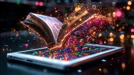 Poster - Magical book of knowledge and discovery unleashing a burst of creative energy and illumination from a tablet device surrounded by glowing lights sparks and a sense of wonder and future possibilities