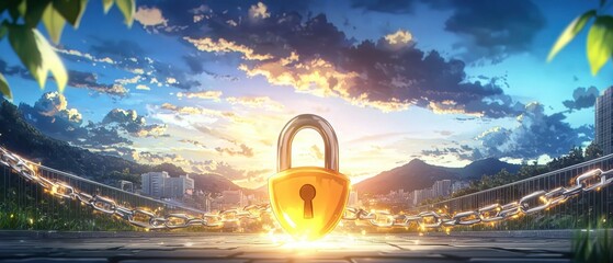 Poster - Glowing golden padlock against a dramatic sky with fluffy clouds illuminated by the setting sun with the silhouette of a cityscape in the background  Concept of data security digital privacy
