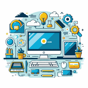 computer, technology, digital, business, communication, laptop, tech, device, design, pc, work, internet, office, web, desktop, monitor, employee, information, modern, data, electronic, vector, backgr