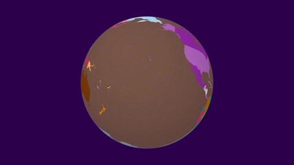 Poster - Spinning planet. Tilted sphere view. Slow speed earth rotation. Colored countries style. World map with sparse graticule lines on vibrant background. Juicy animation.