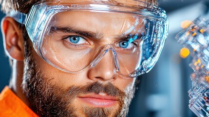Poster - intense close up portrait of a determined scientist wearing safety glasses and peering intently in a