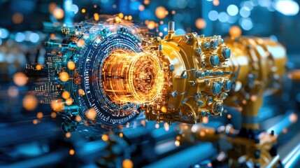 Poster - Mesmerizing futuristic digital particle beam simulation with glowing neon light abstract technology visualization of quantum physics dynamic energy field and cosmic data network