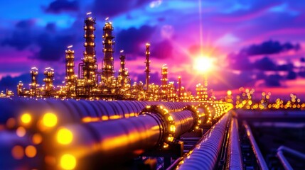 Poster - illuminated oil refinery cityscape at dramatic sunset with cloudy sky expansive industrial plant wit