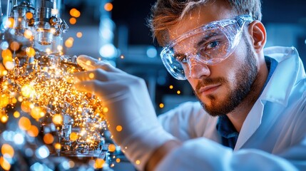 Poster - a scientist dressed in a lab coat carefully handling glassware and conducting various experiments in