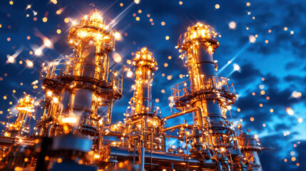 Poster - A breathtaking image of a large industrial petrochemical plant at night with glowing towers fiery flames and sparkling lights illuminating the complex machinery and infrastructure