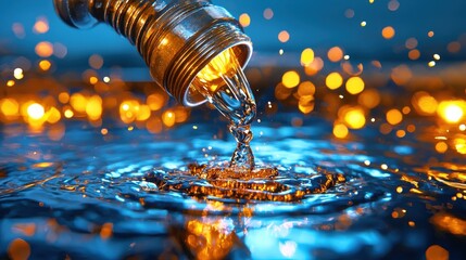 Poster - Captivating abstract image of splashing liquid flow in vibrant blue and orange colors with dynamic movement and reflective surface creating a mesmerizing and visual effect