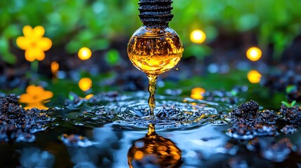 Poster - Closeup of a single glowing golden water drop suspended in the air reflecting the serene natural environment around it with its mirror like surface  The drop captures the tranquil beauty of the sky