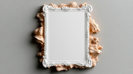 Poster - White framed mirror on gray wall with blank white rectangular ticket template for design or printing purposes