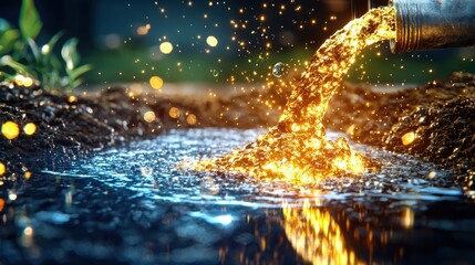 Poster - Captivating image of a powerful water geyser erupting and spraying a dazzling display of golden glimmering droplets against a serene natural landscape backdrop