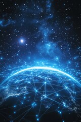 Aufkleber - Digital Earth Network Connection in Deep Blue Space Globe with Glowing Dots and Lines Technology