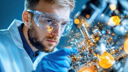 Poster - Focused Young Male Scientist Wearing Protective Goggles Conducting Meticulous Research Experiment with Laboratory Equipment and Chemicals in High Tech Scientific Laboratory Setting