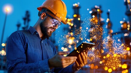 Poster - Construction worker wearing hardhat and uniform using welding equipment to fabricate or repair metal parts in an industrial night workspace with bright lighting and sparks flying