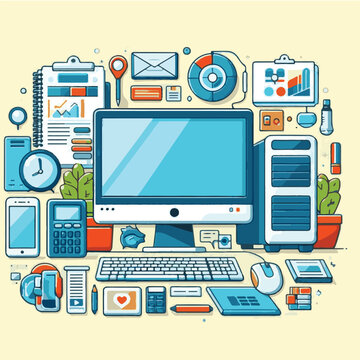 computer, technology, digital, business, communication, laptop, tech, device, design, pc, work, internet, office, web, desktop, monitor, employee, information, modern, data, electronic, vector, backgr