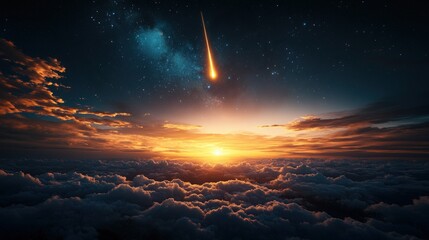 Poster - Bright orange sunset sky with starry night sky in high fidelity image for nature and landscape themes