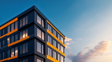 Poster - Tall building with many windows under a clear blue sky in an urban city landscape
