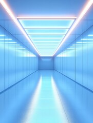 Poster - Futuristic Blue Corridor with Neon Lighting Perspective View Creating a Sense of Modern Architecture and Cleanliness for Stock Photography