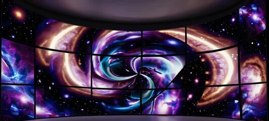 Poster - Colorful cosmic vortex swirls on curved display panels creating mesmerizing galactic atmosphere