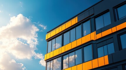 Poster - Building against a clear blue sky with scattered clouds in the background showcasing architectural design