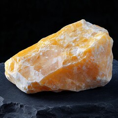 Poster - Captivating close up of a vibrant orange calcite mineral specimen on a dark slate surface showcasing its raw beauty and natural formation