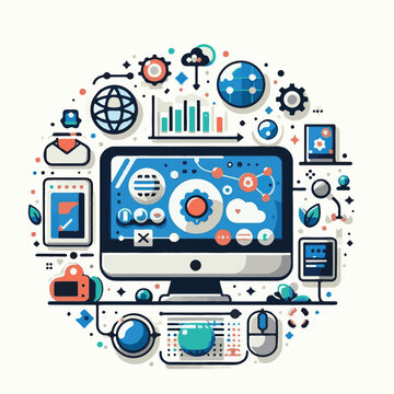 computer, technology, digital, business, communication, laptop, tech, device, design, pc, work, internet, office, web, desktop, monitor, employee, information, modern, data, electronic, vector, backgr
