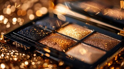 Aufkleber - A close up view showcases a luxurious eyeshadow palette featuring golden, bronze, and black shades with sparkling glitter. Warm light highlights the shimmering details elegantly.