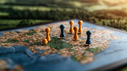 Poster - close-up view of a map with multiple pins marked in various locations for travel planning