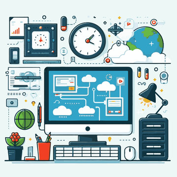 computer, technology, digital, business, communication, laptop, tech, device, design, pc, work, internet, office, web, desktop, monitor, employee, information, modern, data, electronic, vector, backgr