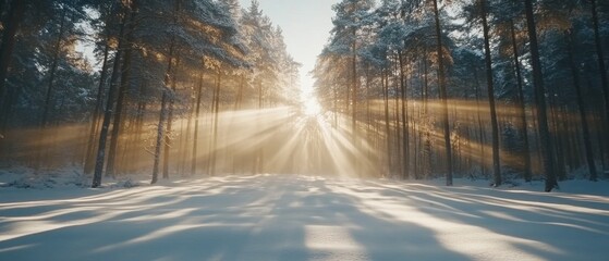Poster - Winter Forest Sunlight Rays Through Tall Trees Snowy Ground Landscape Captivating Scenery Serene Atmosphere Tranquil Scene Natural Beauty Outdoor Adventure