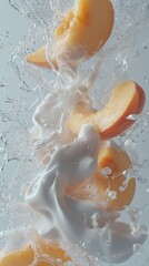 Poster - Captivating Peach Slices in a Dynamic Dance of Water and Creamy Liquid Serene Still Life Composition
