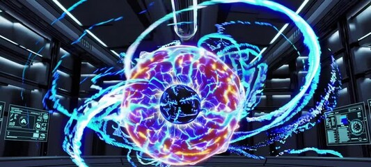 Poster - Dynamic neon energy swirl in futuristic digital environment with light trails