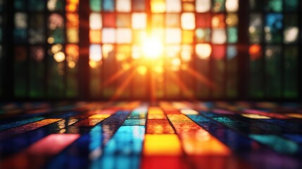 Poster - Colorful table illuminated by sunlight shining through a vibrant stained glass window in a bright room