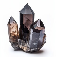 Poster - Captivating smoky quartz crystal cluster against a pristine white backdrop showcasing intricate details and natural beauty in sharp focus