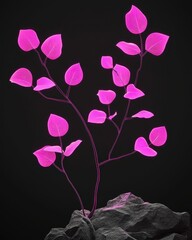 Poster - Ethereal Pink Foliage on Stone Outcrop Against Dark Backdrop Captivating Botanical Still Life Render