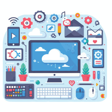 computer, technology, digital, business, communication, laptop, tech, device, design, pc, work, internet, office, web, desktop, monitor, employee, information, modern, data, electronic, vector, backgr