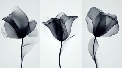 Poster - Three Abstract Flowers in Black and White Minimalist Art Design on White Background for Modern Home Decor and Artistic Expression
