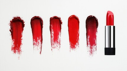 Aufkleber - Crimson Lipstick Swatches and Elegant Tube on White Backdrop Beauty and Cosmetics Still Life Photography