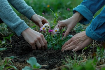 Two people gently plant delicate flowers in rich soil, nurturing new life.